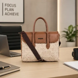 Elegant Woven Leather Office Tote Handbag with Adjustable Shoulder Strap